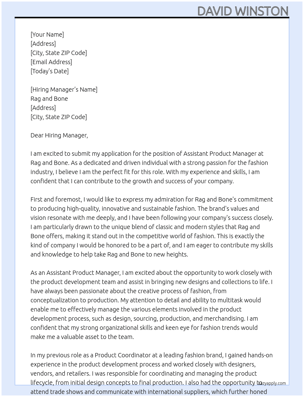 Assistant Product Manager At Rag and Bone Cover Letter