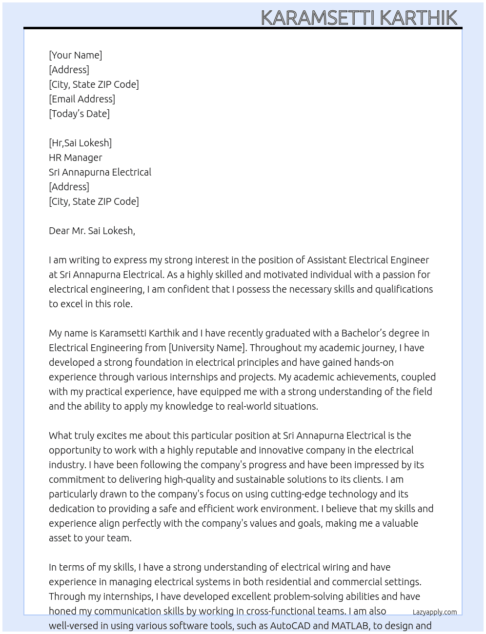 Assistant of electrical engineering  At Sri Annapurna Electrical  Cover Letter