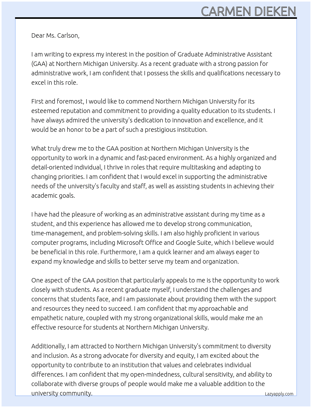 Graduate Administrative Assistant (GAA)  At Northern Michigan University Cover Letter