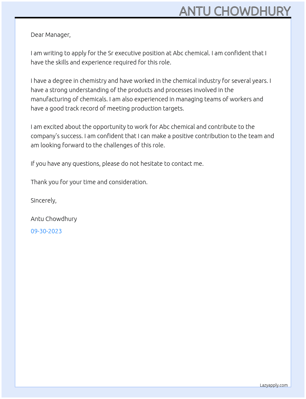 Sr executive  At Abc chemical  Cover Letter
