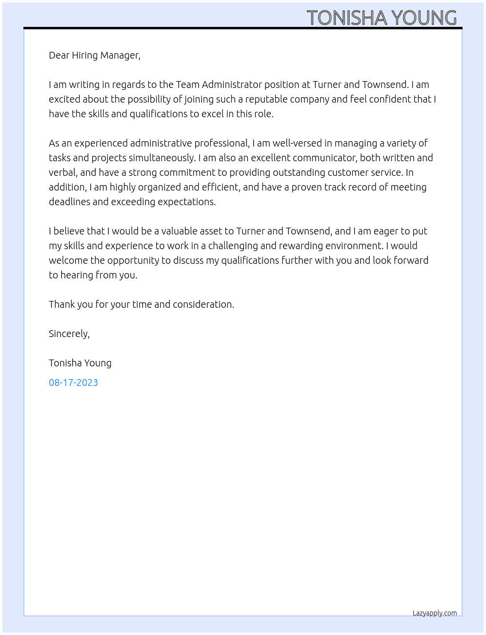 Team Administrator At turner and townsend Cover Letter
