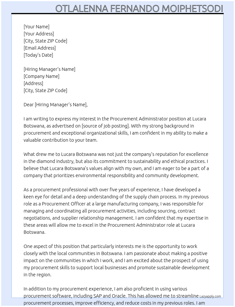 Procurement Administrator At Lucara Botswana Cover Letter