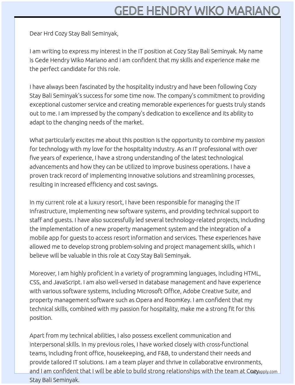 IT At Cozy Stay Bali Seminyak Cover Letter