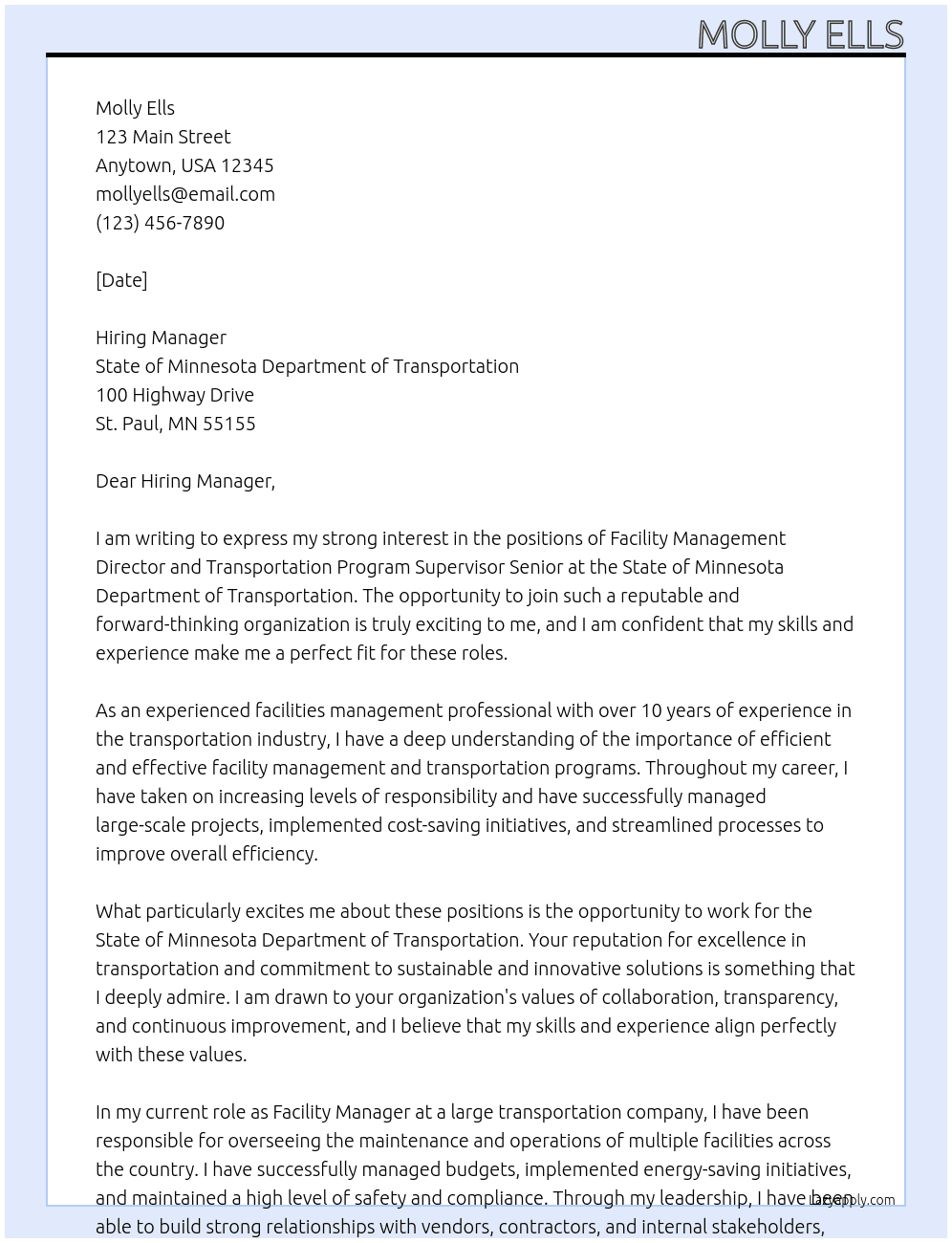 Facility Management Director - Transportation Program Supervisor Senior At State of Minnesota Department of Transportation Cover Letter