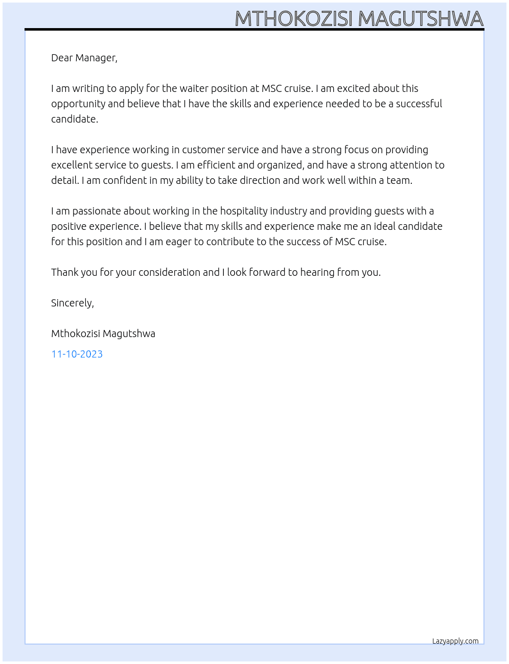 Waiter At MSC cruise Cover Letter
