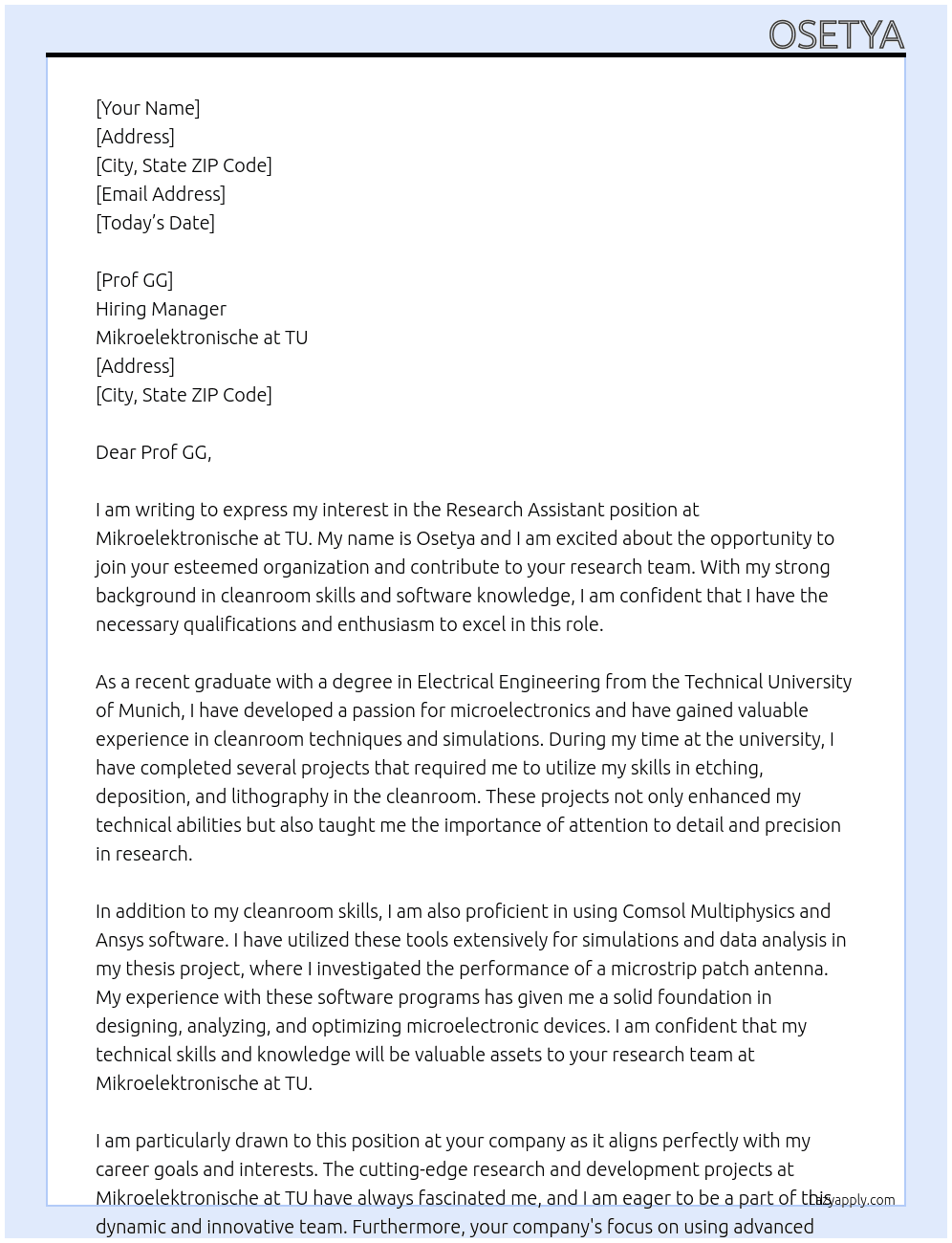 research assistant At mikroelektronische at TU Cover Letter