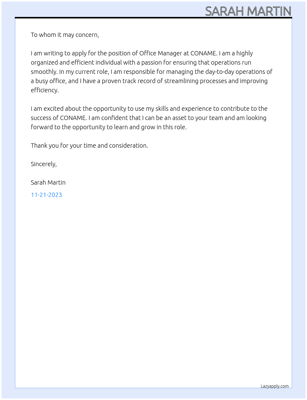 Office Manager At CONAME Cover Letter
