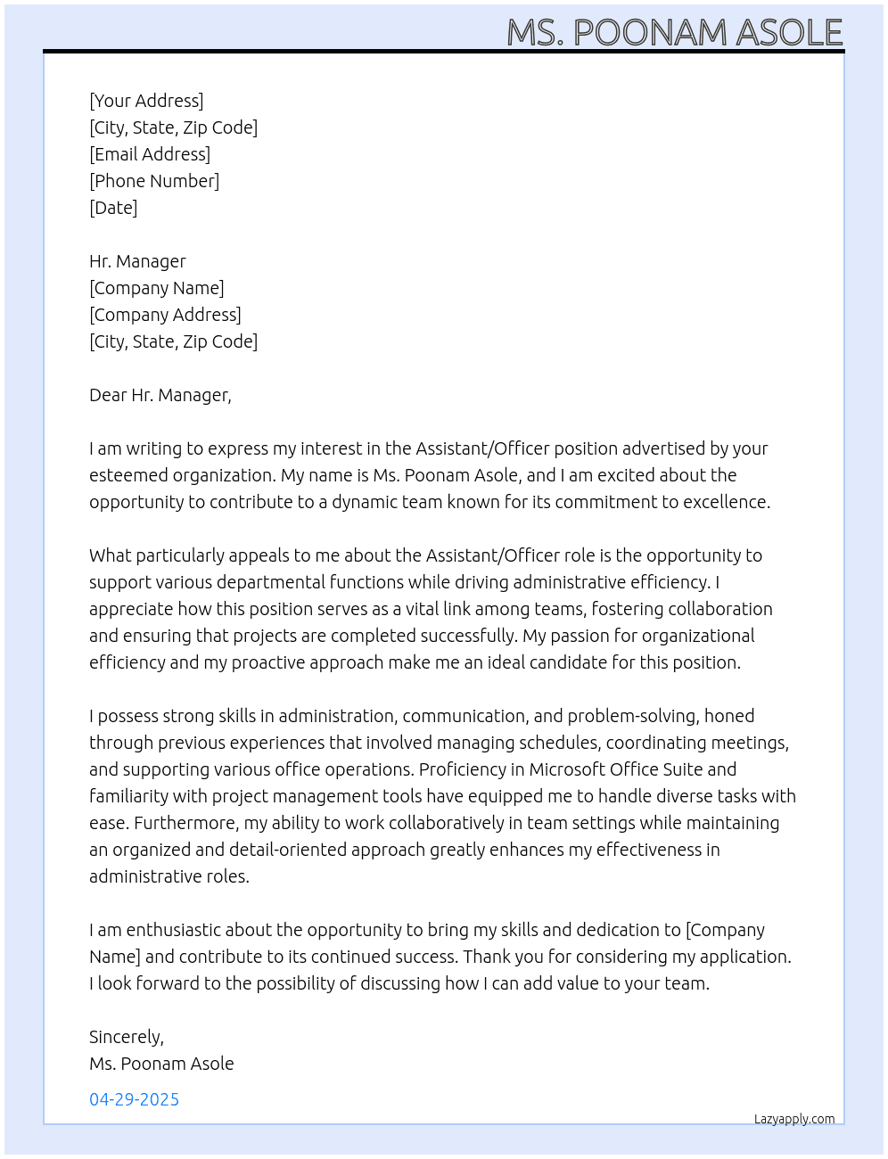 Assistant/officers  At Non Cover Letter