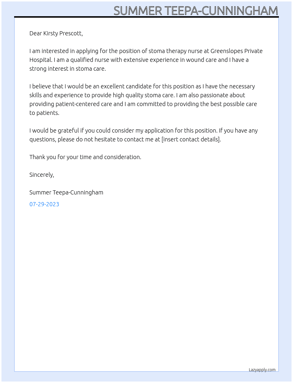 Stoma therapy nurse At Greenslopes Private Hospital  Cover Letter