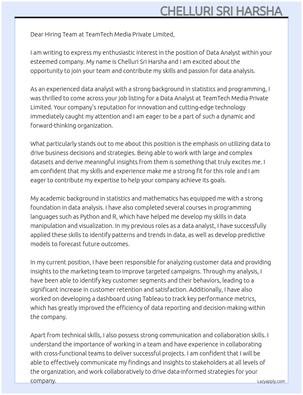 data analyt At TeamTech Media Private Limited Cover Letter