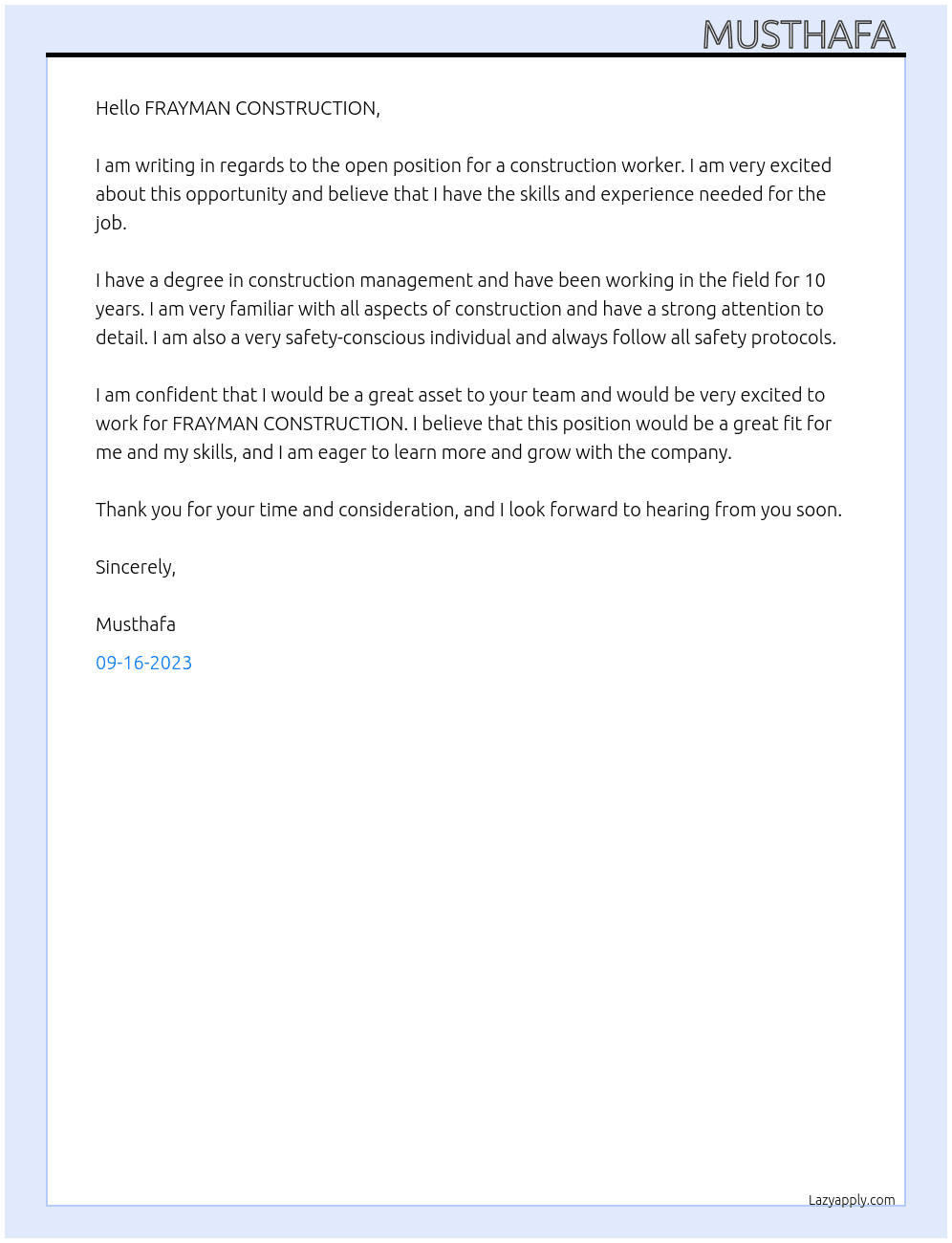 Construction worker At FRAYMAN CONSTRUCTION  Cover Letter