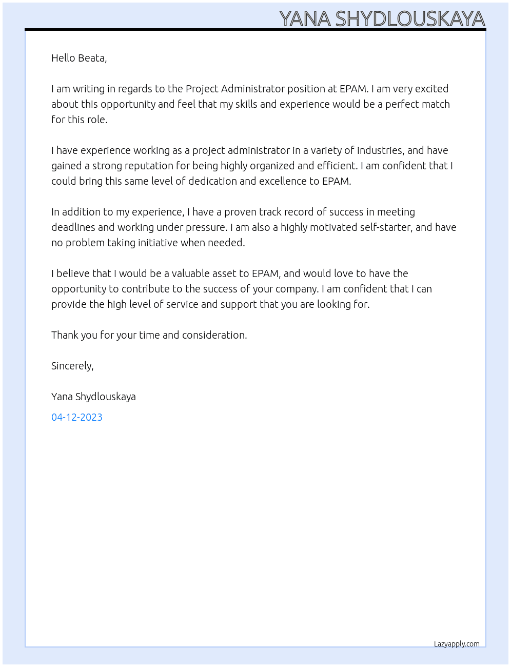 Project Administrator At EPAM Cover Letter