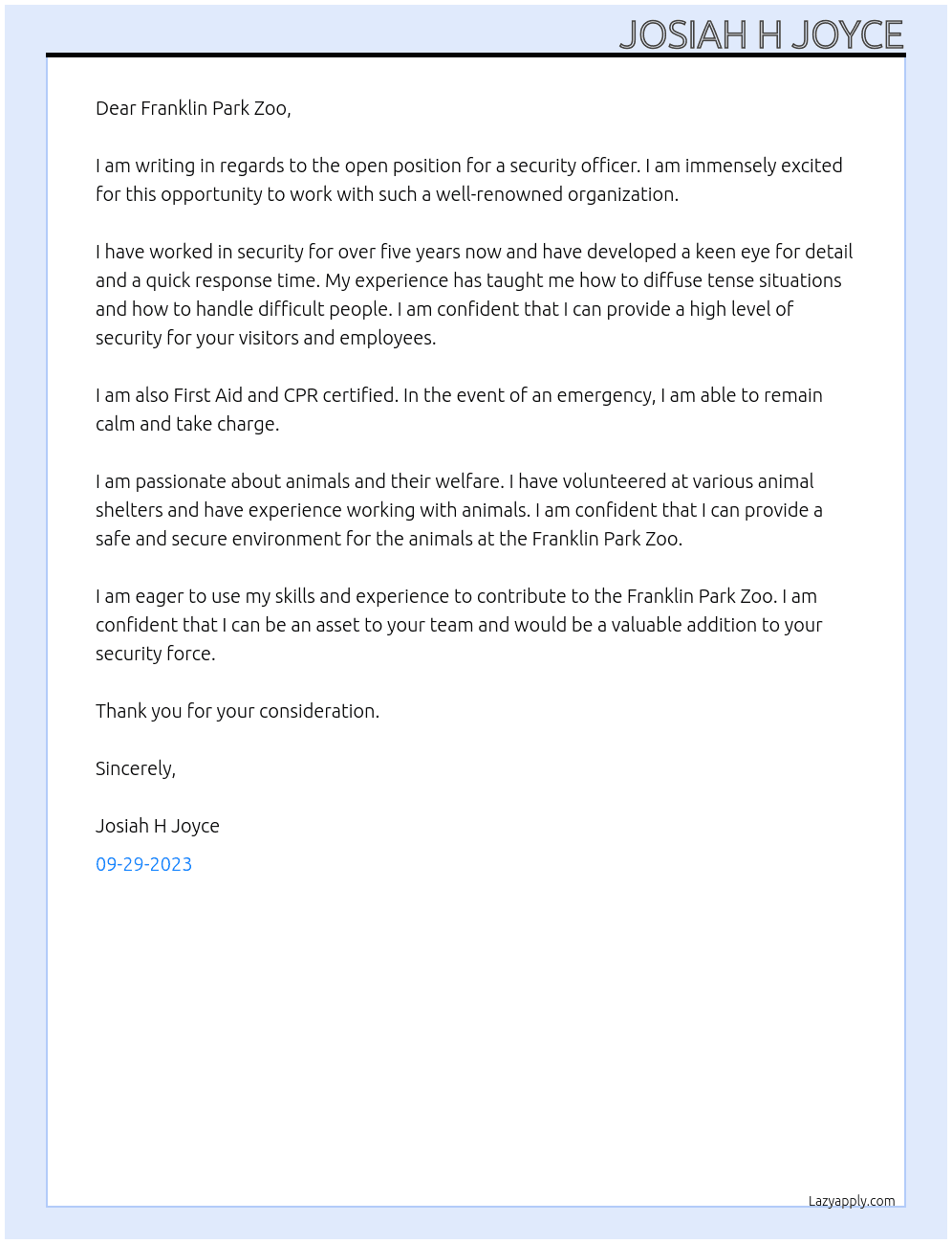 Security Officer At Franklin Park Zoo Cover Letter