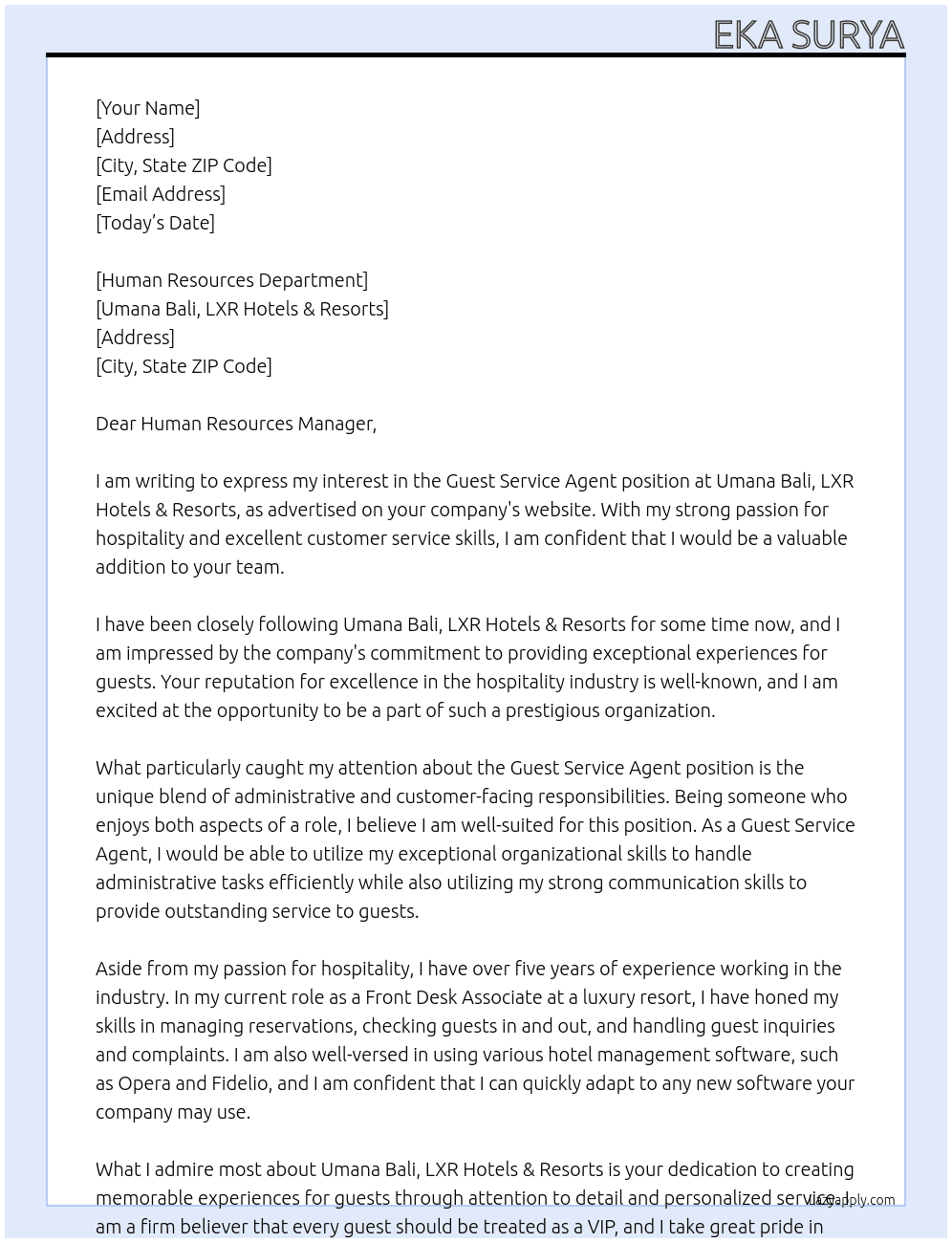 Guest Service Agent At Umana Bali, LXR Hotels & Resorts Cover Letter