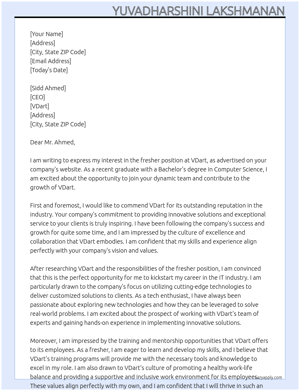 fresher At VDart Cover Letter