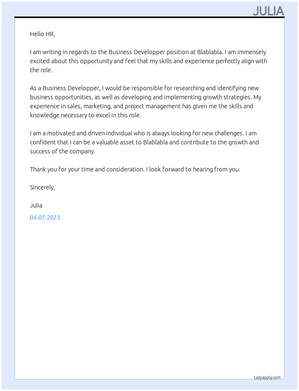 Business developper At Blablabla Cover Letter