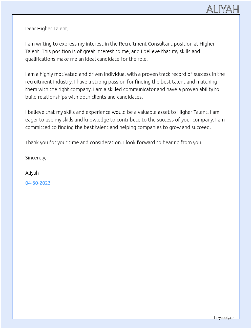 Recruitment Consultant At Higher Talent Cover Letter