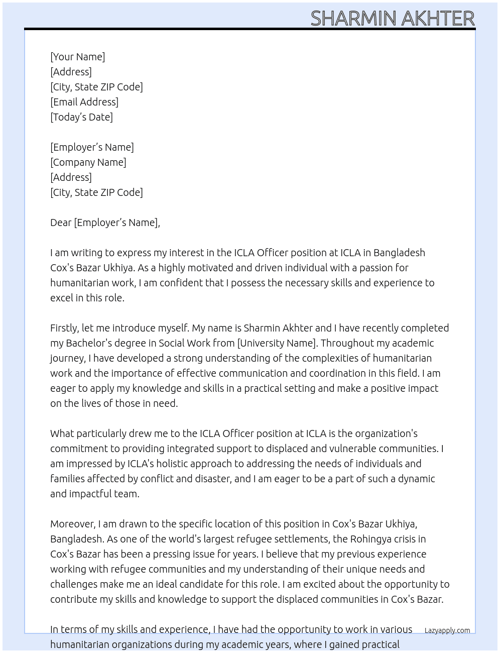 ICLA Officer Bangladesh Cox's Bazar Ukhiya At ICLA Cover Letter