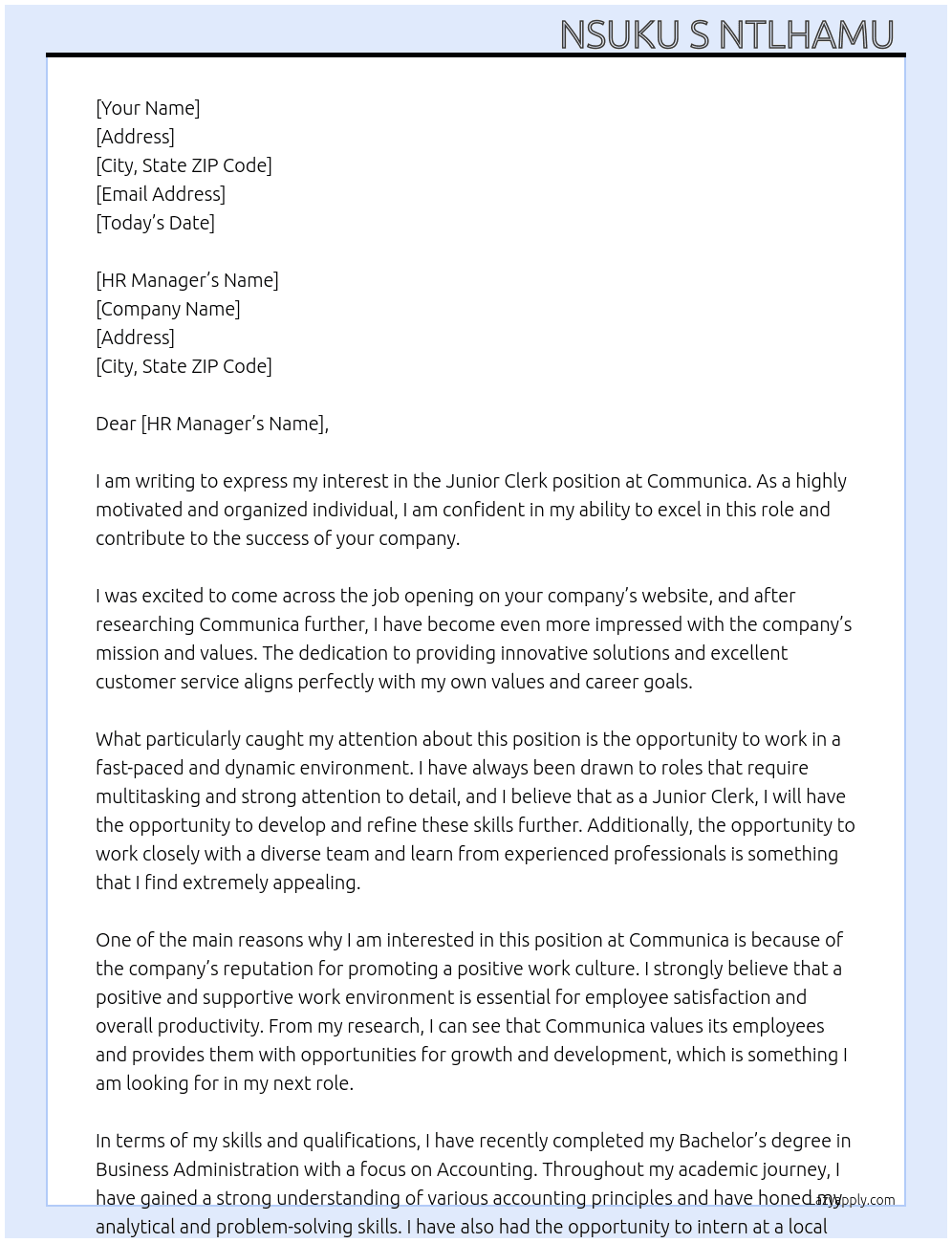 Junior Clerk At Communica Cover Letter