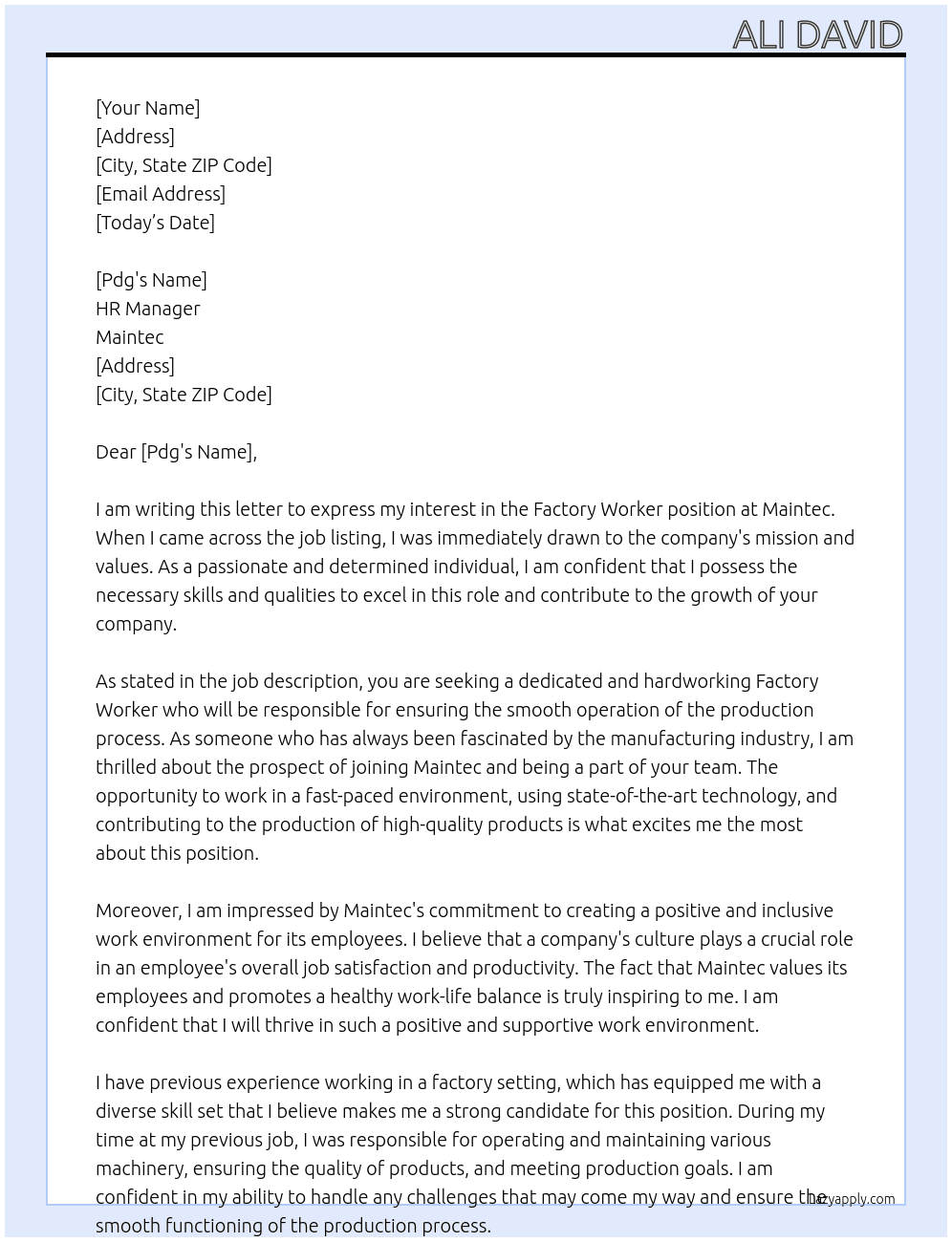Factory worker  At Maintec Cover Letter