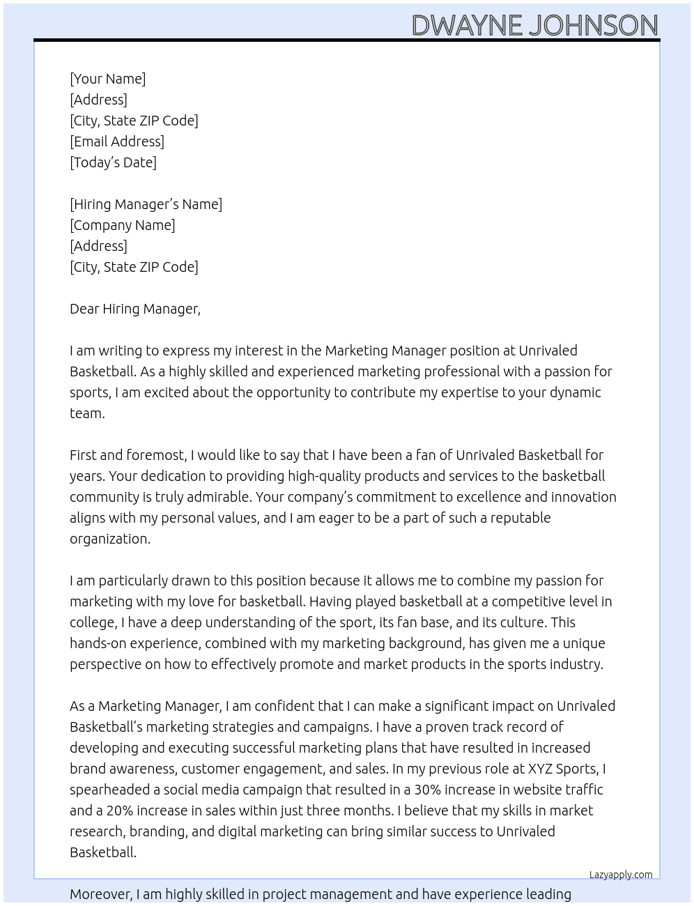 Marketing Manager At Unrivaled Basketball Cover Letter