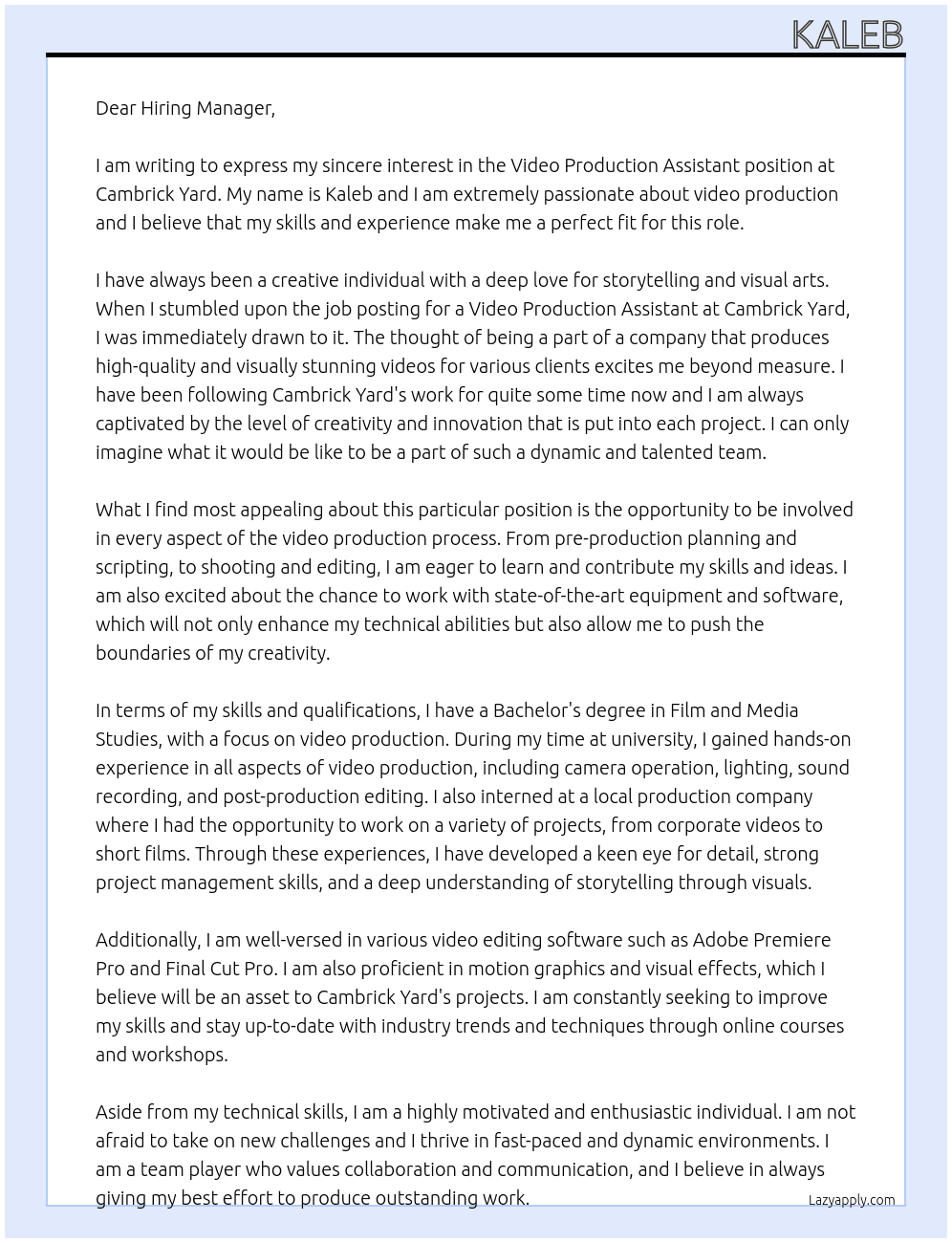 Video Production Assistant At Cambrick Yard Cover Letter