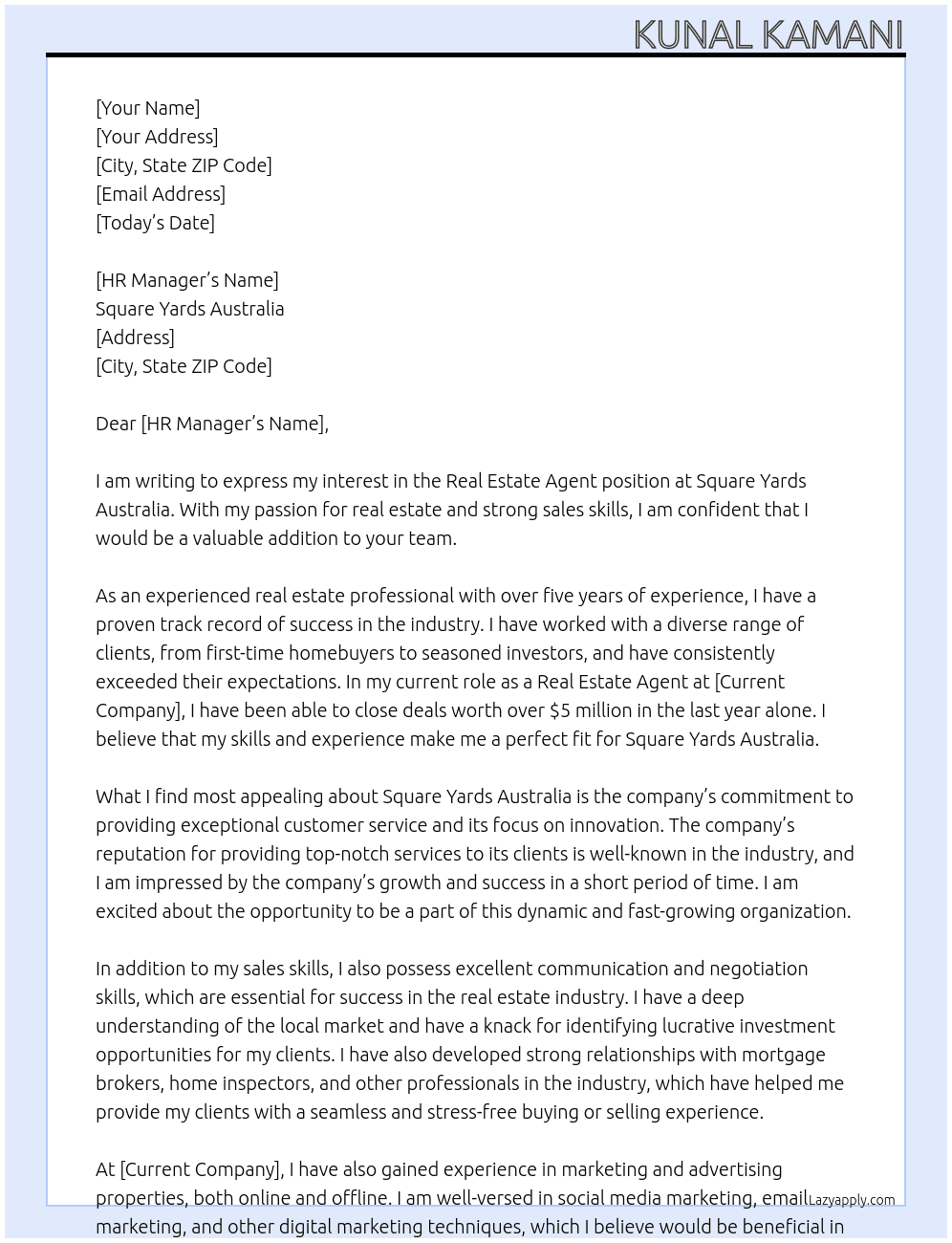 Real estate agent At Square Yards Australia  Cover Letter