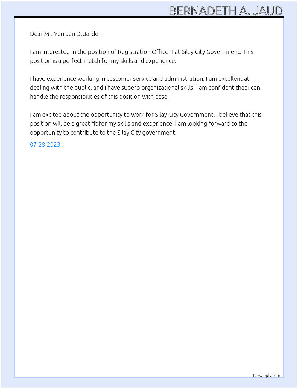 Registration Officer I At Silay City Government Cover Letter