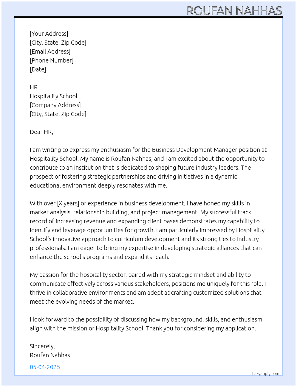 Business Development Manager At hospitality school Cover Letter