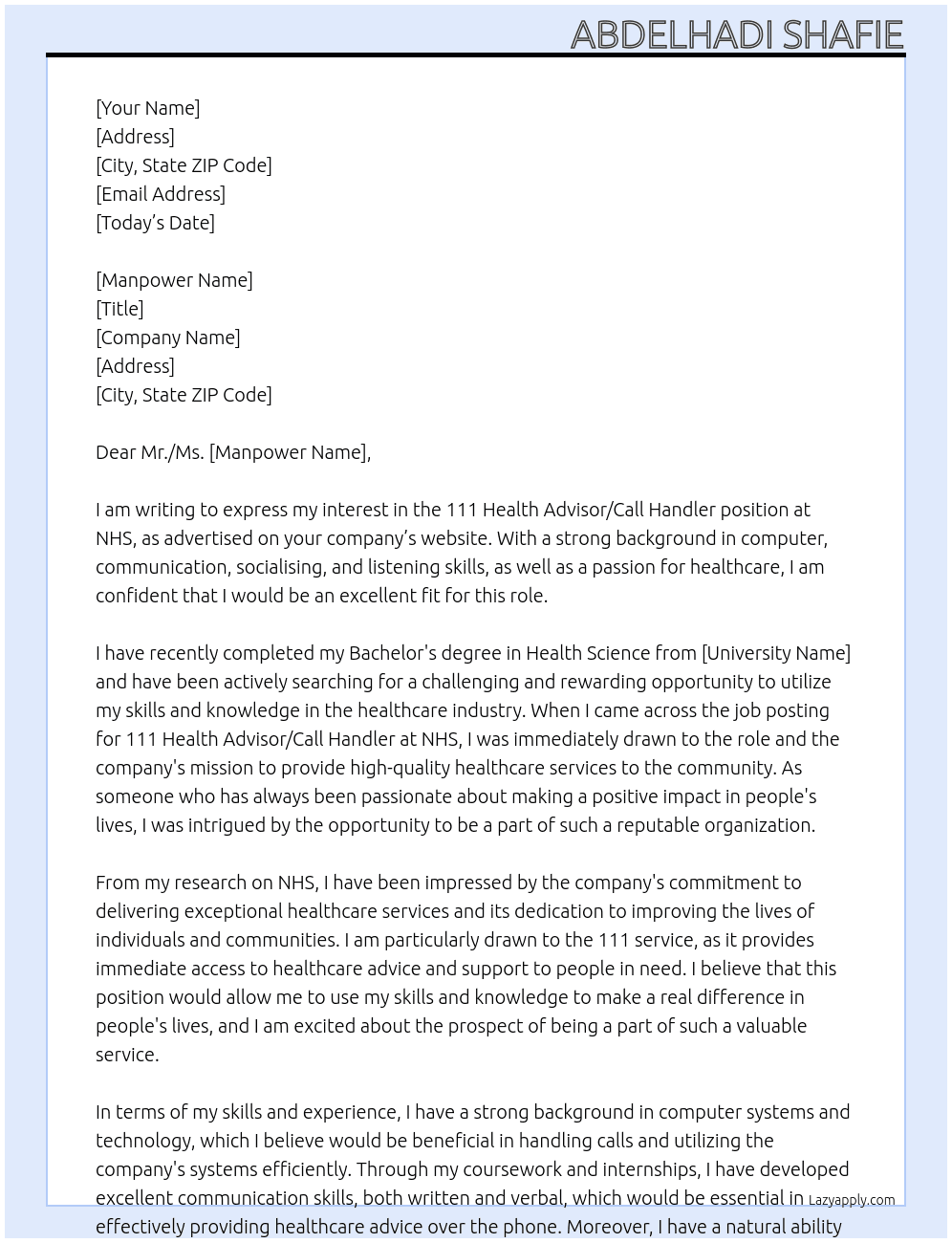 Cover letter for 111 health advisor/call handler - LazyApply
