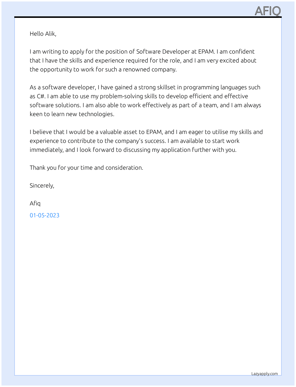 Software developer At EPAM Cover Letter