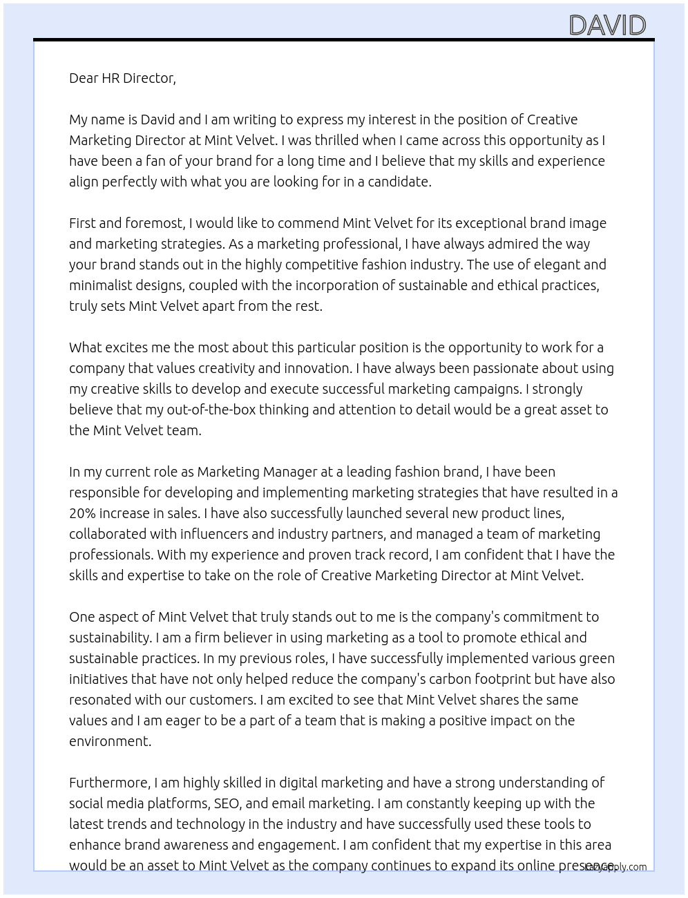 creative marketing director At mint velvet Cover Letter