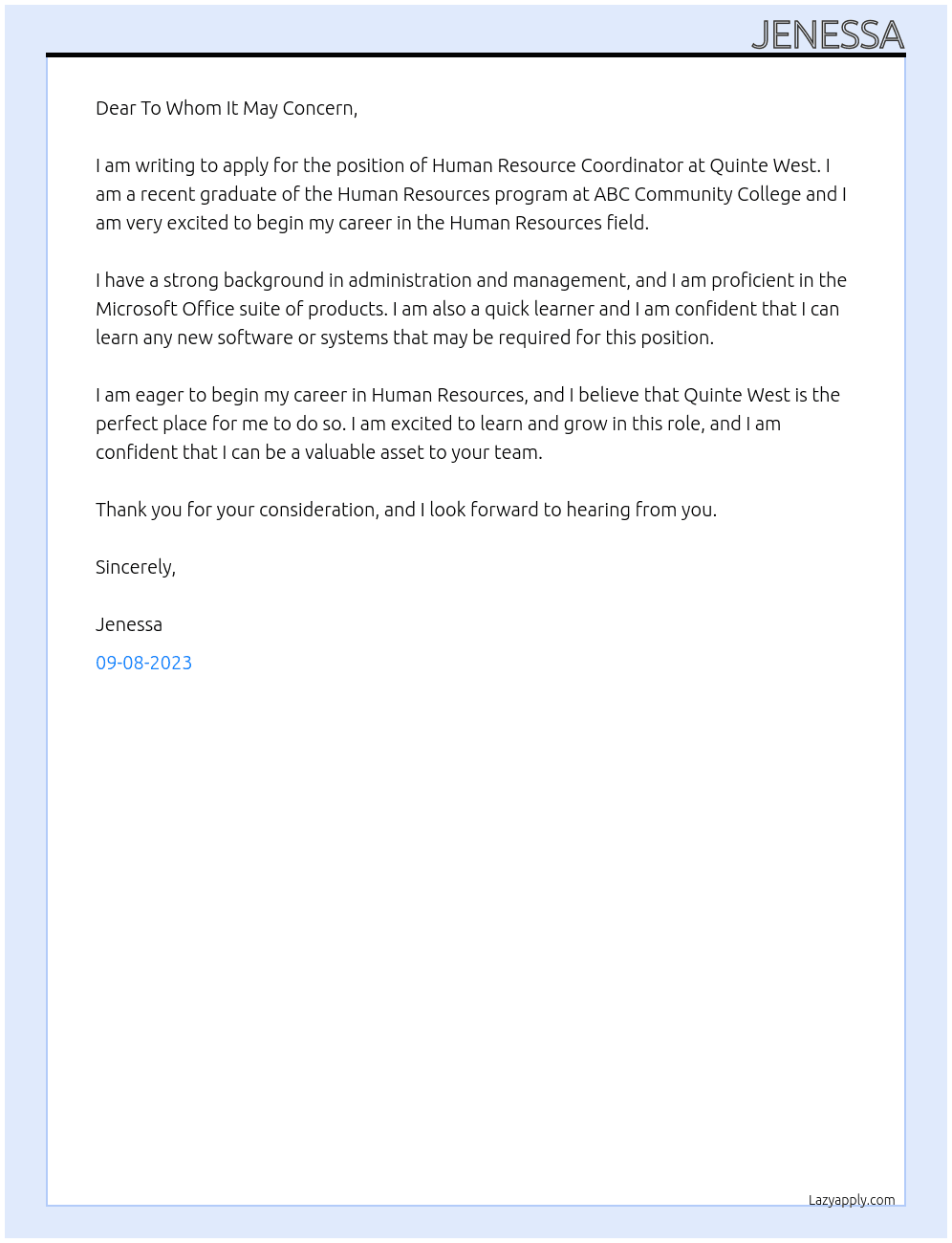 Human Resource Coordinator At Quinte West Cover Letter