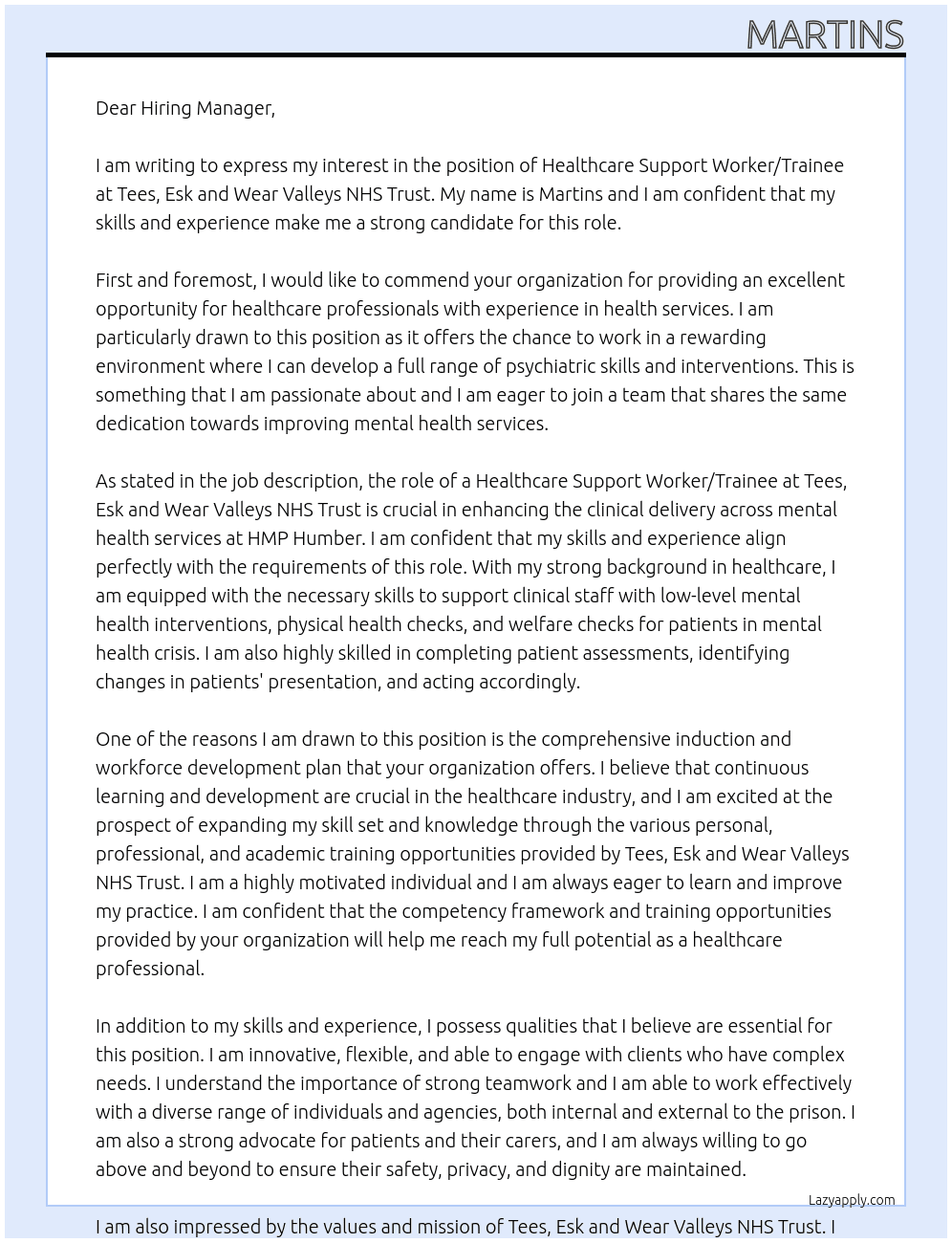 Healthcare Support Worker/Trainee At Tees, Esk and Wear Valleys NHS Trust Cover Letter