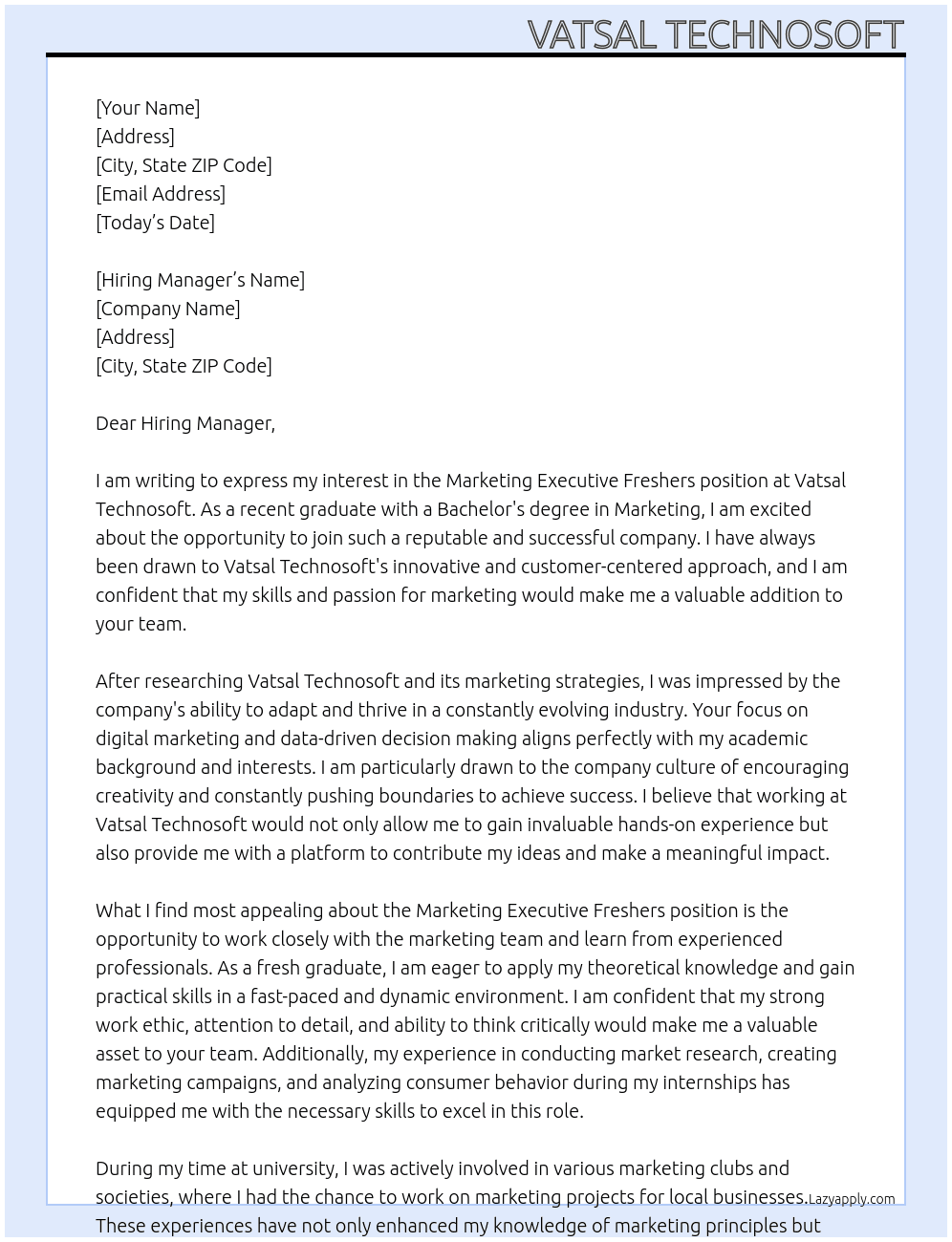 Marketing Executive Freshers At Vatsal Technosoft Cover Letter