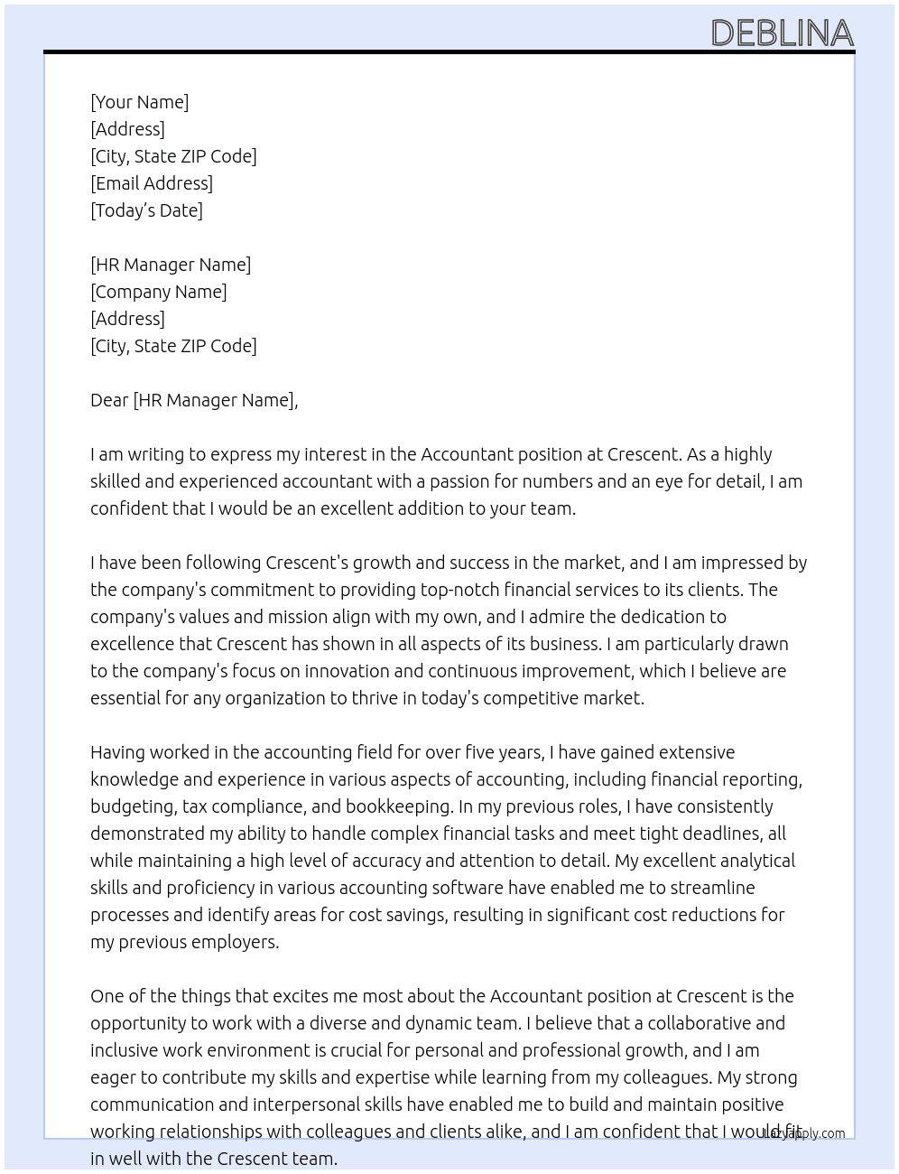ACCOUNTANT At CRESCENT Cover Letter