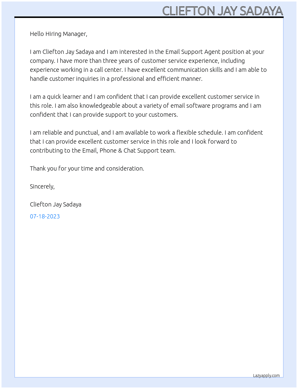 Email Support Agent At Email, Phone & Chat Support Cover Letter
