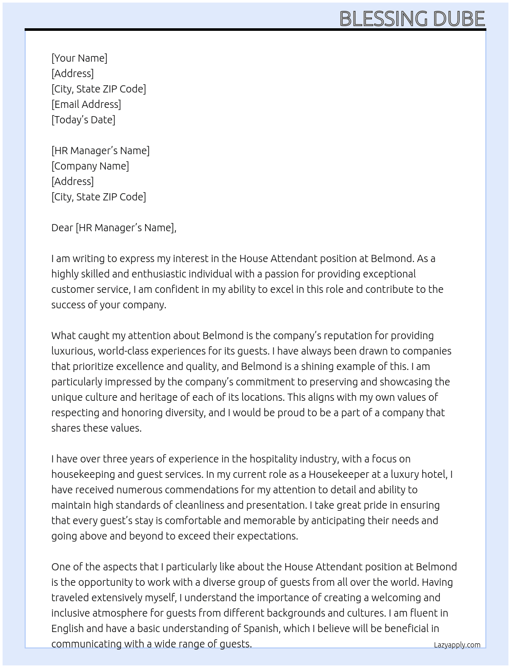House Attendant  At Belmond Cover Letter