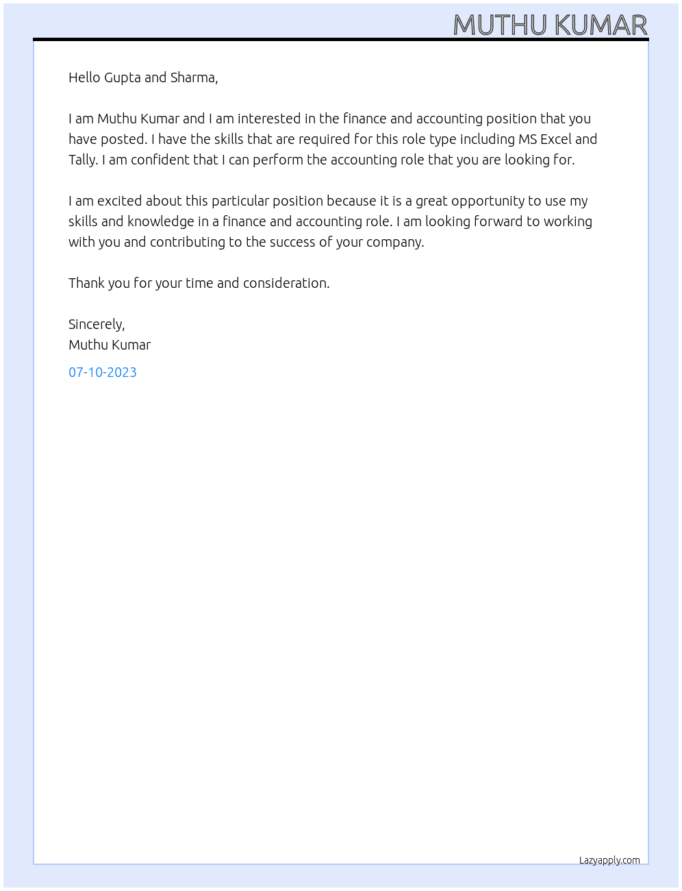 Finance and Accounting At Gupta and sharma Cover Letter