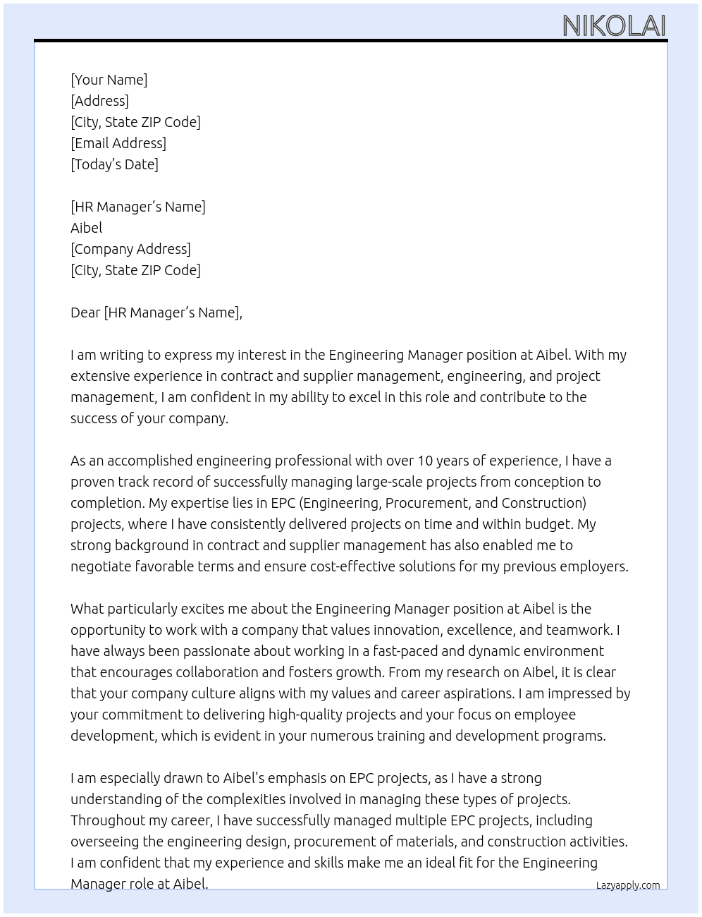 Engineering Manager At Aibel Cover Letter