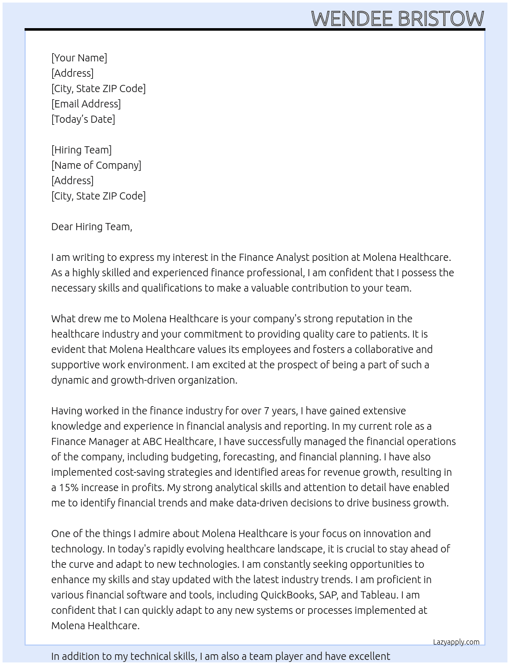 finance analyst At Molena Healthcare Cover Letter