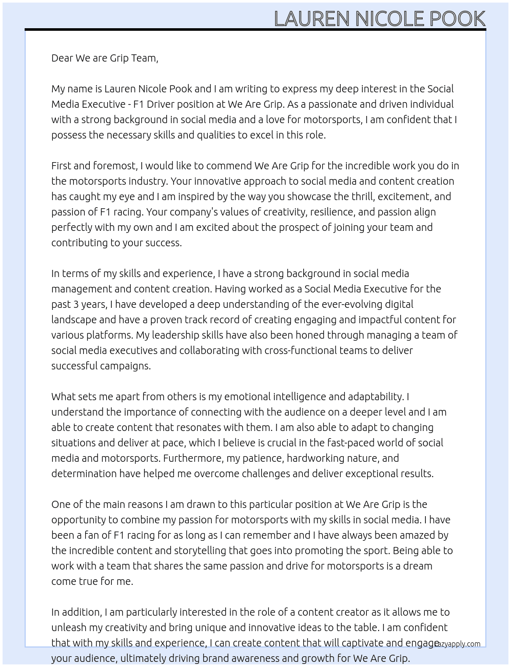 Social media executive -F1 Driver At We are grip  Cover Letter
