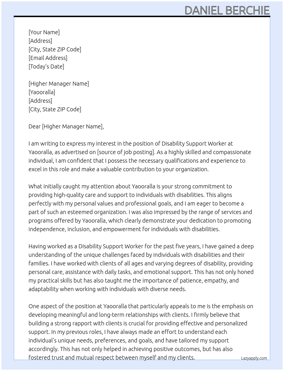 Disability Support worker At Yaooralla Cover Letter