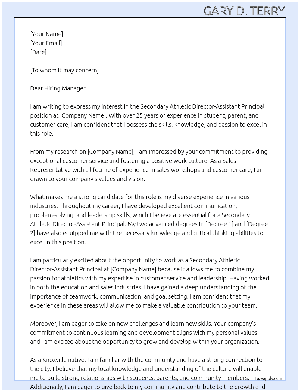 Secondary Athletic Director-Assistant Principal At Sales Representative  Cover Letter