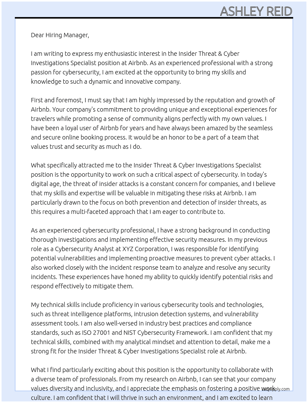 Cover letter for insider threat & cyber investigations specialist - LazyApply