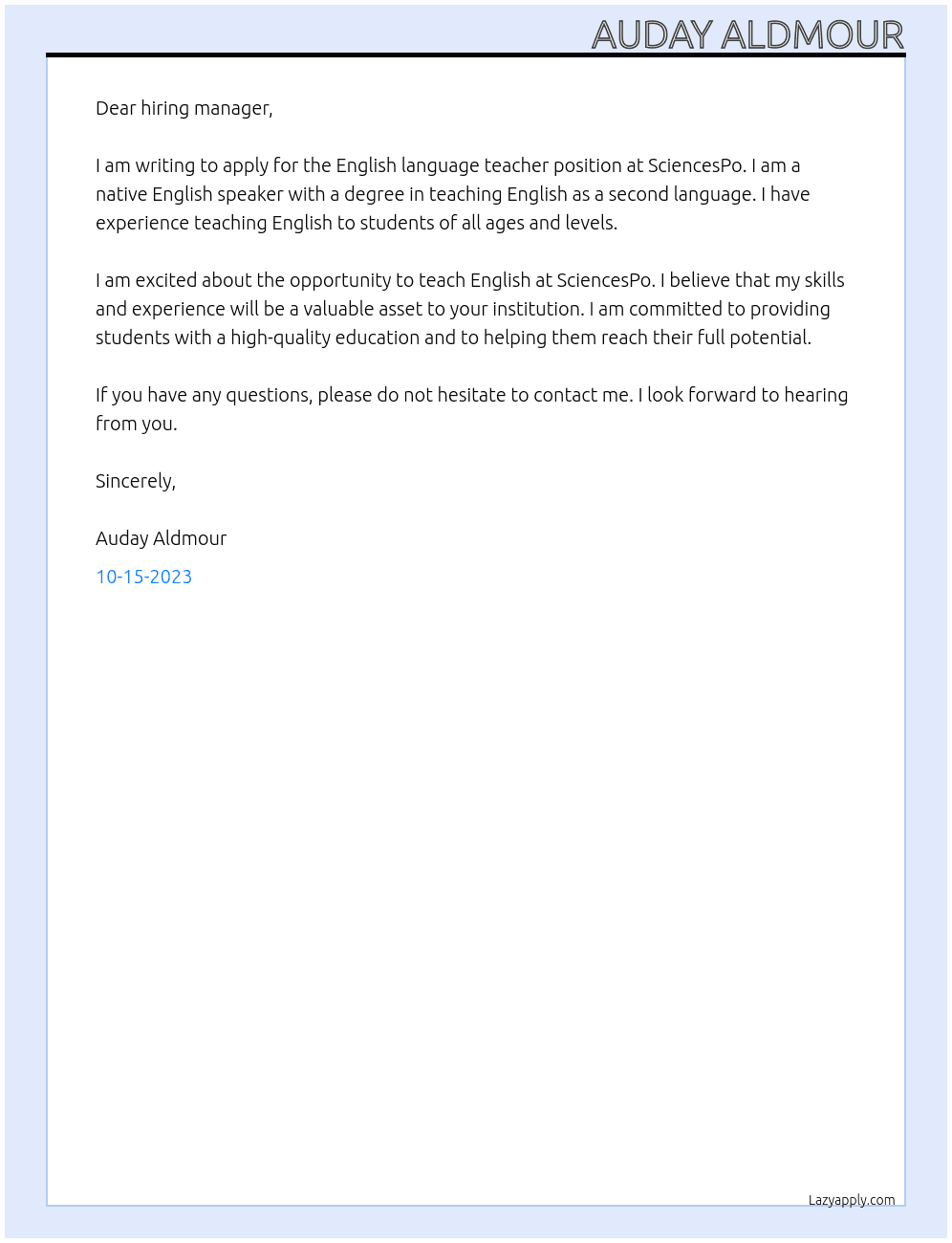 English language teacher At sciencesPo Cover Letter