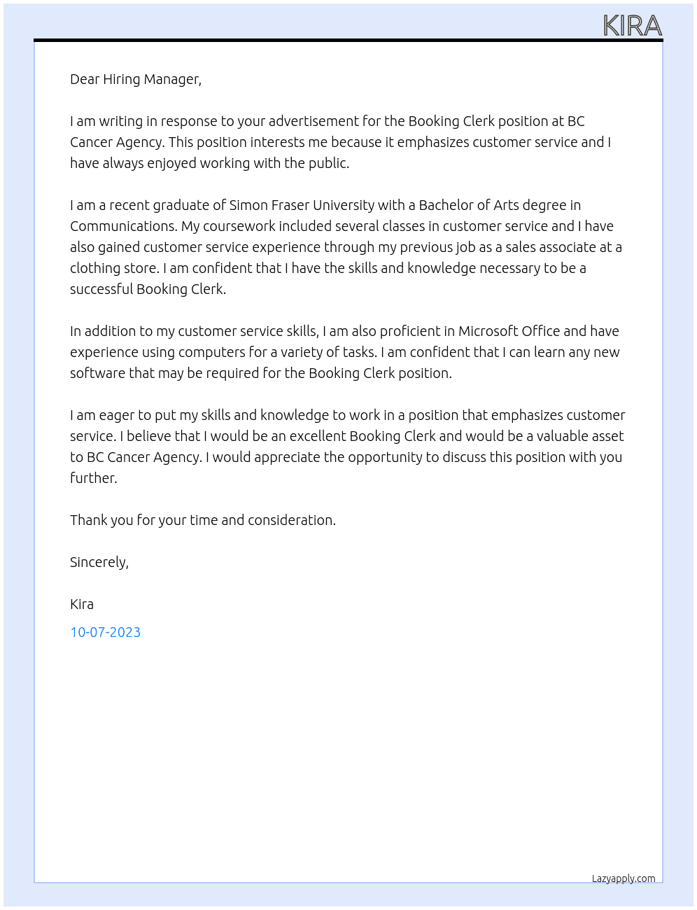 Booking Clerk At BC Cancer Agency Cover Letter
