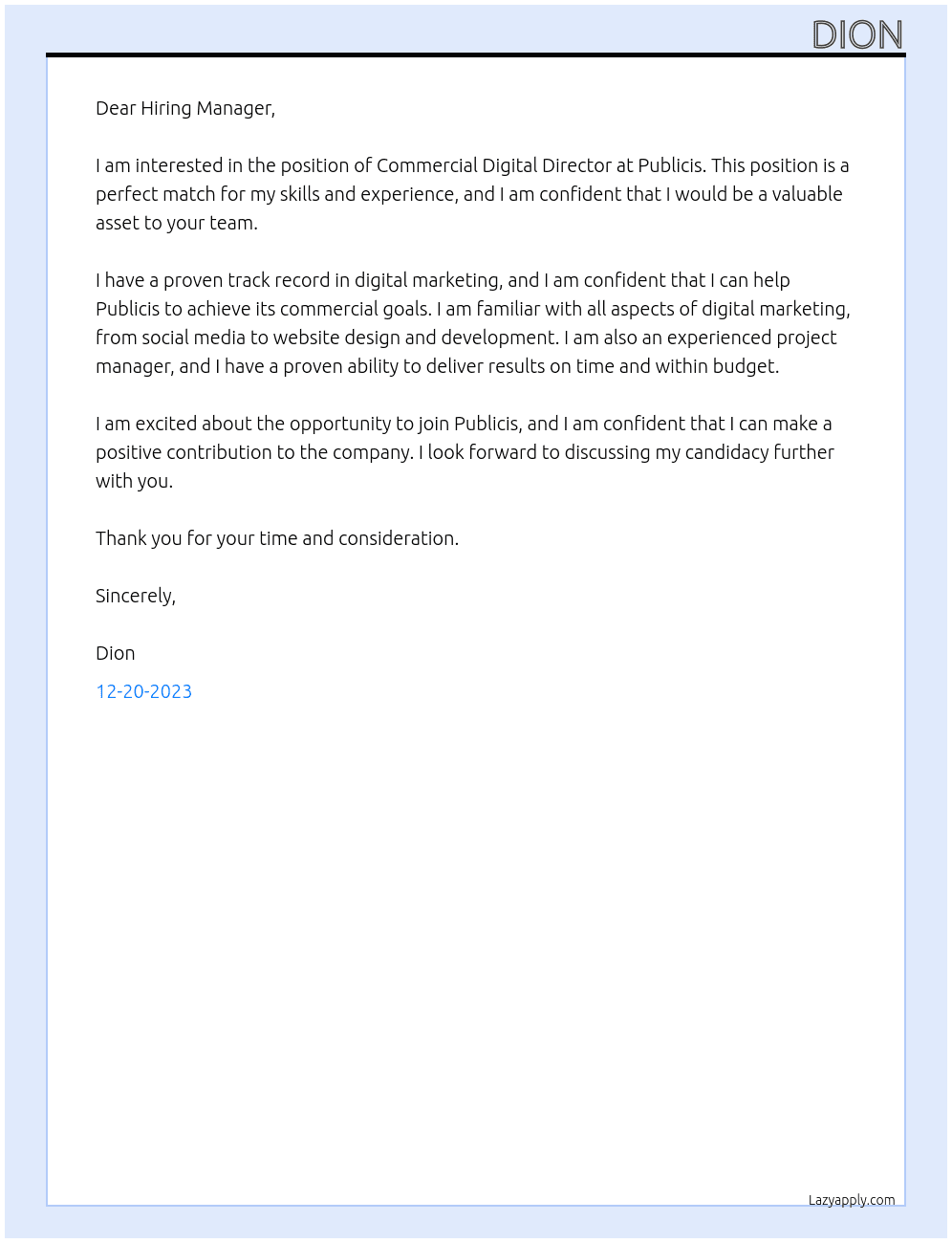Commercial digital director At Publicis Cover Letter