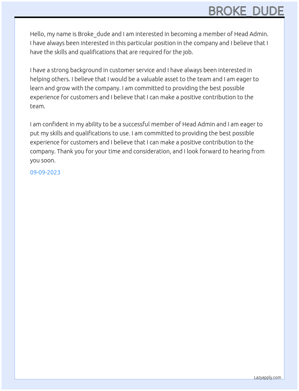 Member At Head Admin Cover Letter