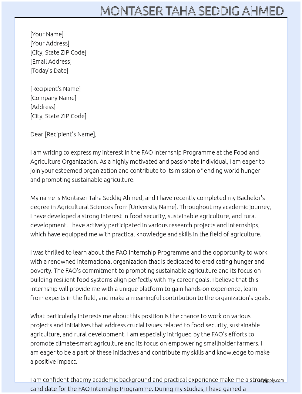 FAO internship programme  At Food and Agriculture Organization  Cover Letter